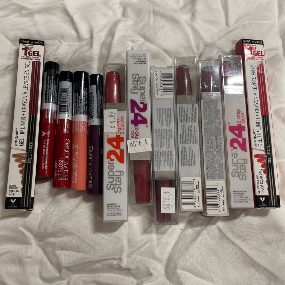 Drugstore Lipsticks and Liners Bulk Lot - Maybelline, Wet & Wild - New 12 Pieces